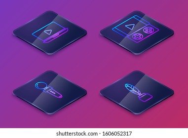 Set Isometric line Online play video, Joystick for arcade machine, Portable video game console and Feather and inkwell. Blue square button. Vector