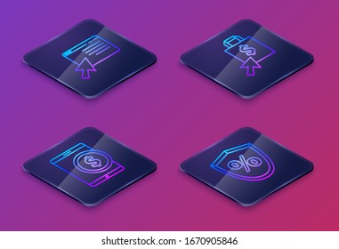 Set Isometric line Online shopping on screen, Tablet with dollar, Shoping bag and dollar and Loan percent. Blue square button. Vector