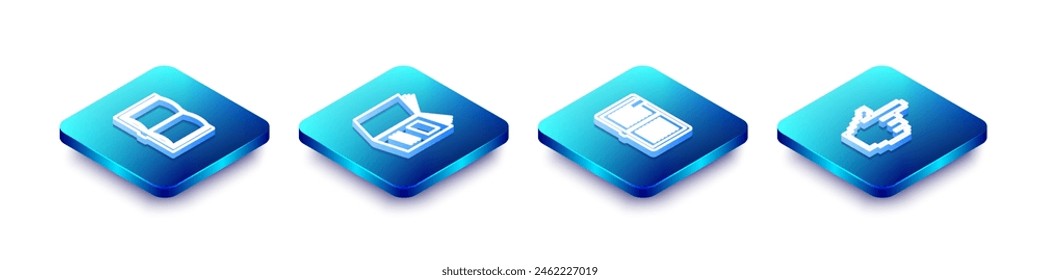 Set Isometric line Open book, ,  and Pixel hand cursor icon. Vector