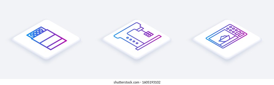 Set Isometric line Open matchbox and matches, Electric mixer and Microwave oven. White square button. Vector