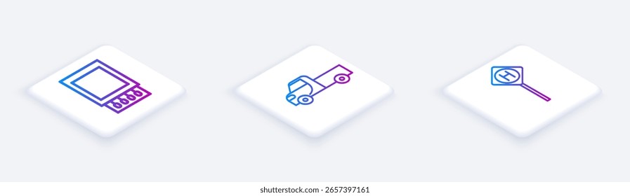 Set Isometric line Open matchbox and matches, Pickup truck and Parking. White square button. Vector