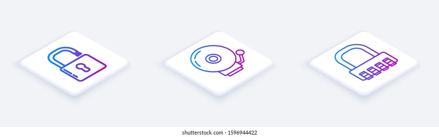 Set Isometric line Open padlock , Ringing alarm bell  and Safe combination lock . White square button. Vector