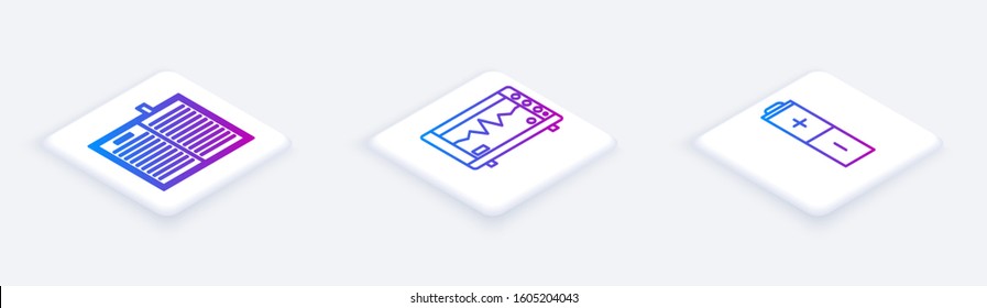 Set Isometric line Open science book, Computer monitor with cardiogram and Battery. White square button. Vector