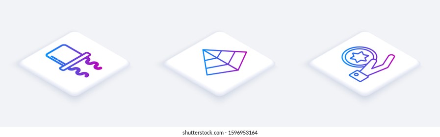 Set Isometric line Orthodox jewish hat with sidelocks, Egypt pyramids and Jewish coin on hand. White square button. Vector