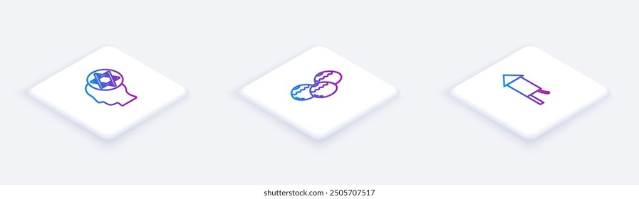 Set Isometric line Orthodox jewish hat, Jewish sweet bakery and Firework rocket. White square button. Vector