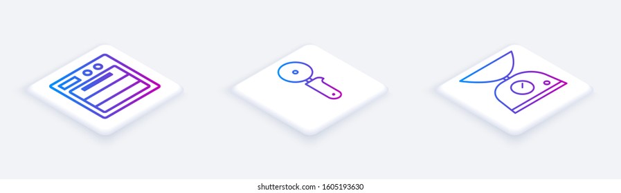 Set Isometric line Oven, Pizza knife and Scales. White square button. Vector