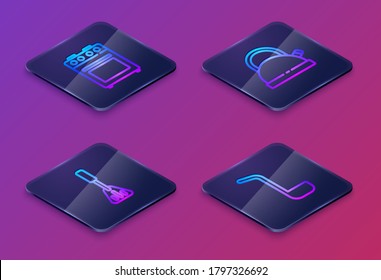 Set Isometric line Oven, Spatula, Kettle with handle and Kitchen ladle. Blue square button. Vector