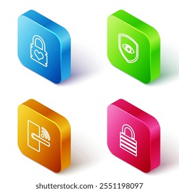 Candado de línea isométrica con corazón, escudo y ojo, puerta digital inalámbrica e icono de cerradura. Vector