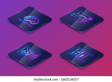 Set Isometric line Paint brush with palette, Board with graph chart, Test tube and flask chemical laboratory test and Abacus. Blue square button. Vector