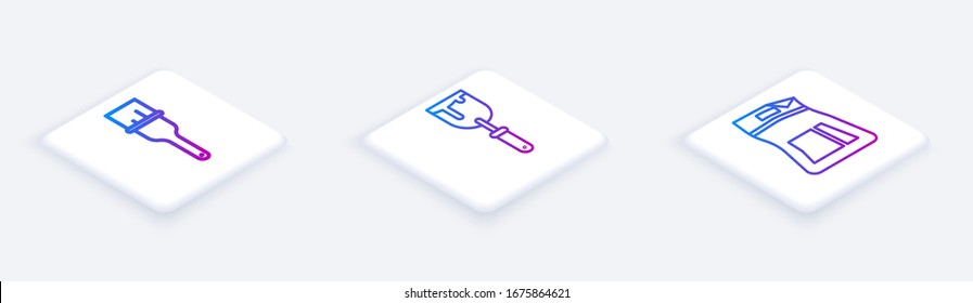 Set Isometric line Paint brush, Putty knife and Cement bag. White square button. Vector