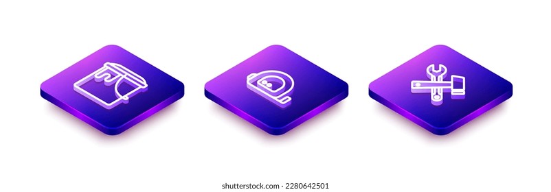 Ajuste la línea isométrica Cubo de pintura, construcción de la ruleta y icono de la llave de martillo y llave. Vector