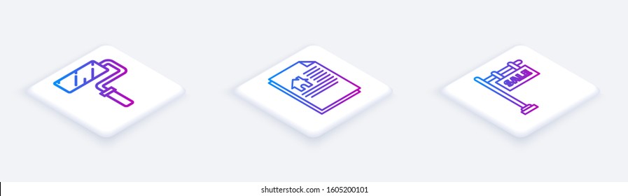 Set Isometric line Paint roller brush, House contract and Hanging sign with text Sale. White square button. Vector