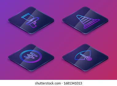 Set Isometric line Paint spray gun, Gear shifter, Traffic cone and Speedometer. Blue square button. Vector