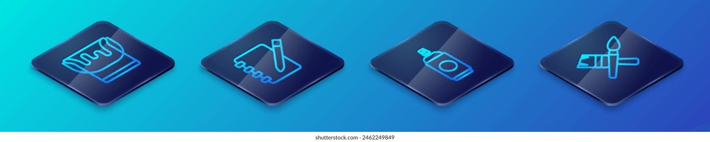 Set Isometric line Paint spray can, bucket, brush and Notebook icon. Vector