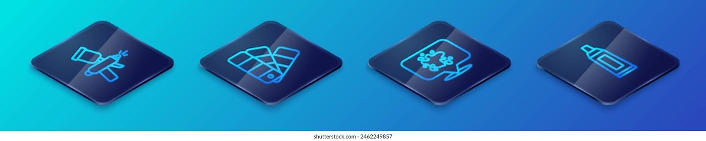 Establecer línea isométrica Spray de pintura, pistola, tubo con paleta de pintura e icono de guía de color. Vector