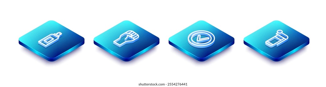 Set Isometric line Paint spray can, Raised hand with clenched fist, Check mark round and Hand grenade icon. Vector