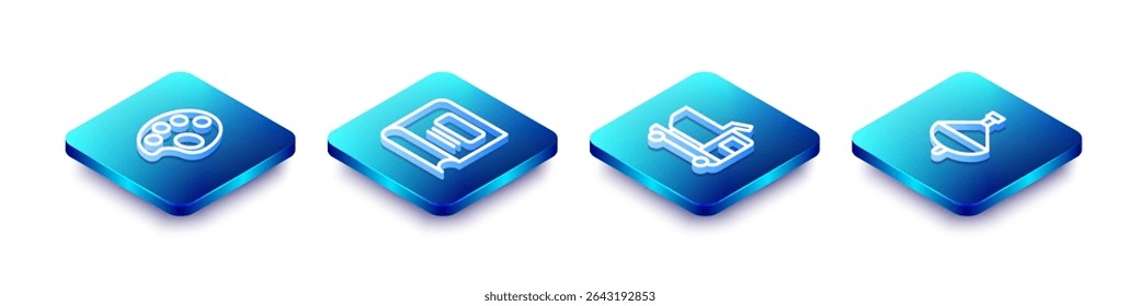 Set Isometric line Palette, Book, Toy truck and Whirligig toy icon. Vector