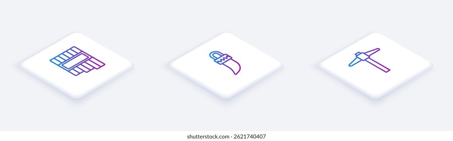 Set Isometric line Pan flute, Tooth and Pickaxe. White square button. Vector