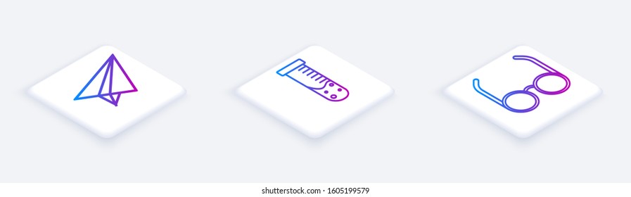 Set Isometric line Paper airplane, Test tube and flask chemical laboratory and Glasses. White square button. Vector