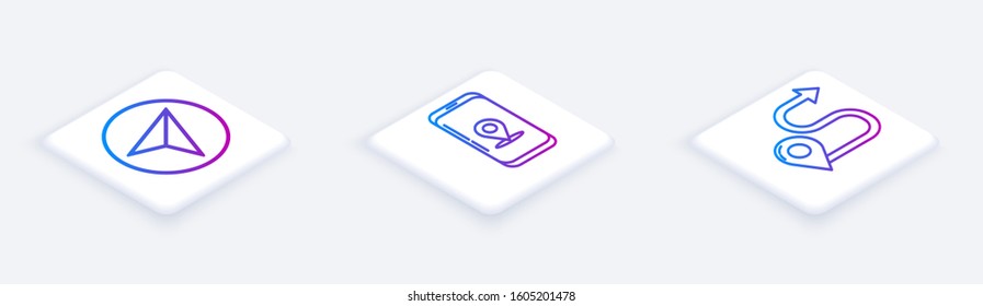 Set Isometric line Paper airplane, Infographic of city map navigation and Route location. White square button. Vector