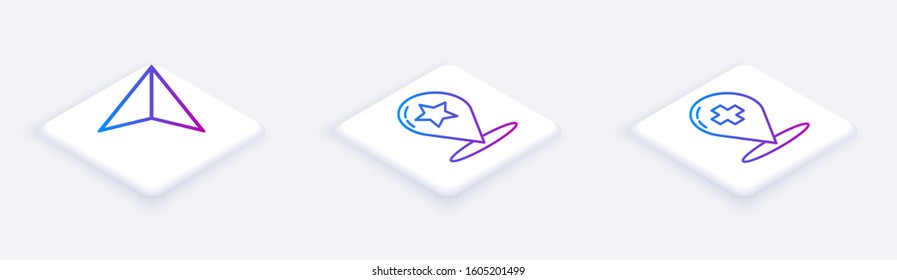 Set Isometric line Paper airplane, Map pointer with star and Medical map pointer with cross hospital. White square button. Vector