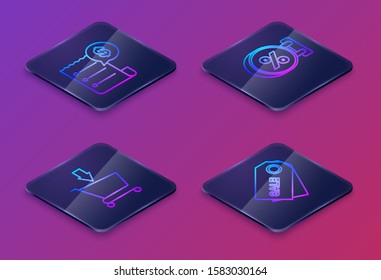Set Isometric line Paper check and financial check, Add to Shopping cart, Signboard hanging with an inscription discount percent and Price tag with an inscription Sale. Blue square button. Vector