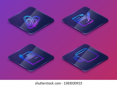 Set Isometric line Paper clip, File document and paper clip, Blank notebook and pencil with eraser and Coffee cup flat. Blue square button. Vector