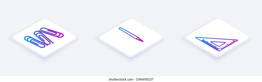 Set Isometric line Paper clip, Pen and Triangular ruler. White square button. Vector