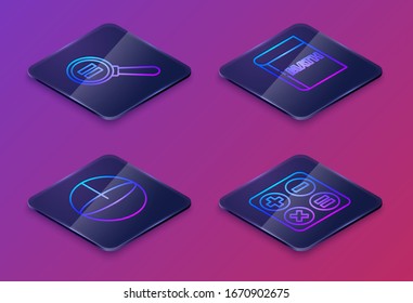 Set Isometric line Paper clip, Calculator, Triangle math and Square root. Blue square button. Vector