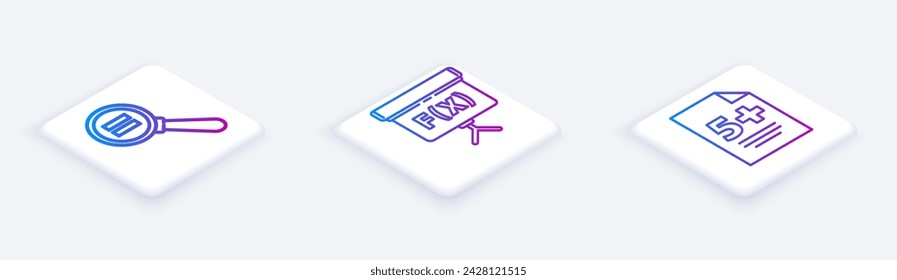 Set Isometric line Paper clip, Geometric figure Cube and Calculator. White square button. Vector