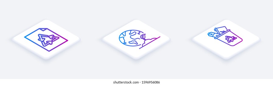 Set Isometric line Paper with recycle, Earth globe and plant and Recycle bin with recycle symbol. White square button. Vector