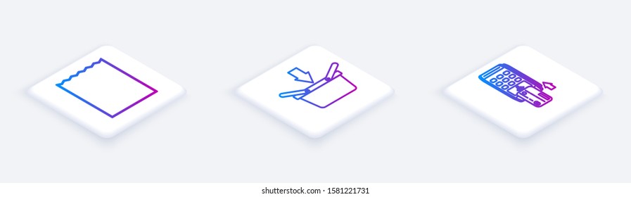 Set Isometric line Paper shopping bag, Shopping basket and Pos terminal with inserted credit card. White square button. Vector