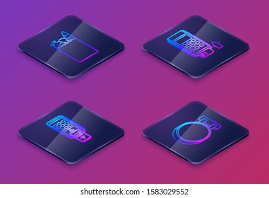 Set Isometric line Paper shopping bag and food, POS terminal with printed reciept and confirms the payment by smartphone, Pos terminal with inserted credit card and Signboard hanging. Vector