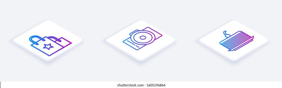 Set Isometric line Paper shopping bag, Photo camera and Cake. White square button. Vector