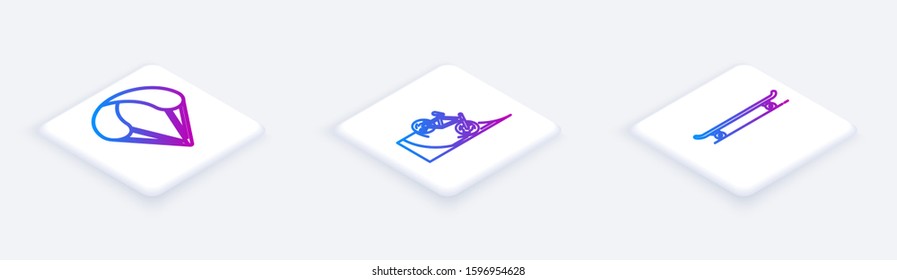 Set Isometric line Parachute, Bicycle on street ramp and Skateboard. White square button. Vector