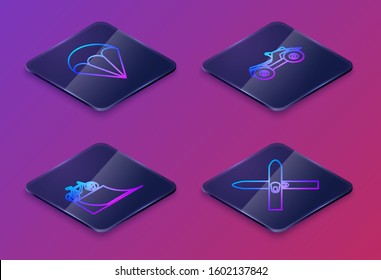 Set Isometric line Parachute, Bicycle on street ramp, All Terrain Vehicle or ATV motorcycle and Ski and sticks. Blue square button. Vector