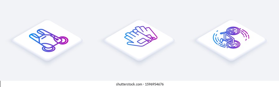 Set Isometric line Parachute, Gloves and Bicycle trick. White square button. Vector