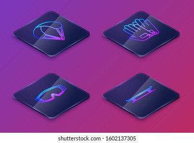 Set Isometric line Parachute, Ski goggles, Gloves and Skateboard. Blue square button. Vector