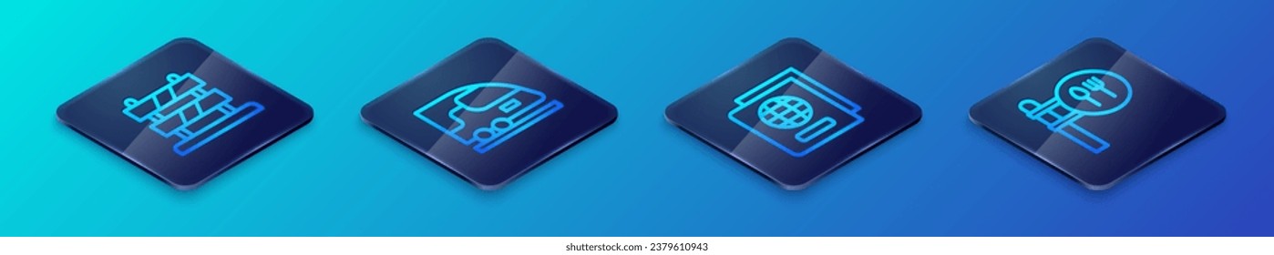 Set Isometric line Passport, End of railway tracks, Cafe and restaurant location and High-speed train icon. Vector