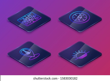 Set Isometric line Passport pages with visa stamps, Map pointer with Eiffel tower, Compass and Sunset. Blue square button. Vector