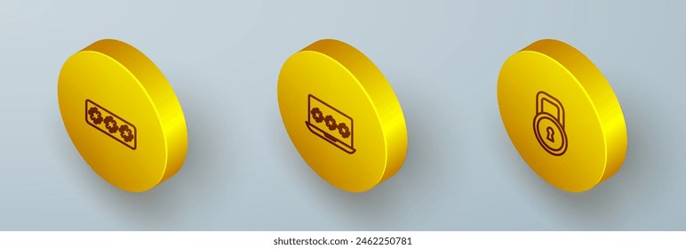 Set Isometric line Password protection, Laptop with password and Lock icon. Vector