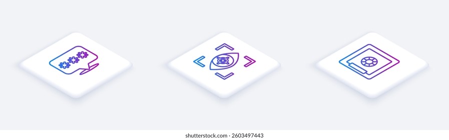 Set Isometric line Password protection, Eye scan and Safe. White square button. Vector
