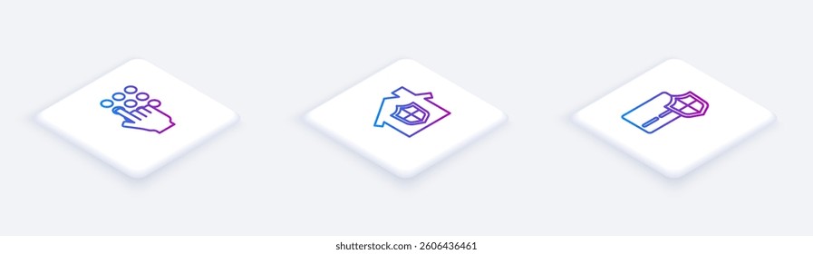 Set Isometric line Password protection, House under and Credit card with shield. White square button. Vector