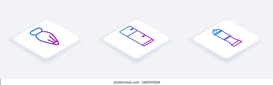 Set Isometric line Pastry bag for decorate cakes, Refrigerator and Pepper. White square button. Vector