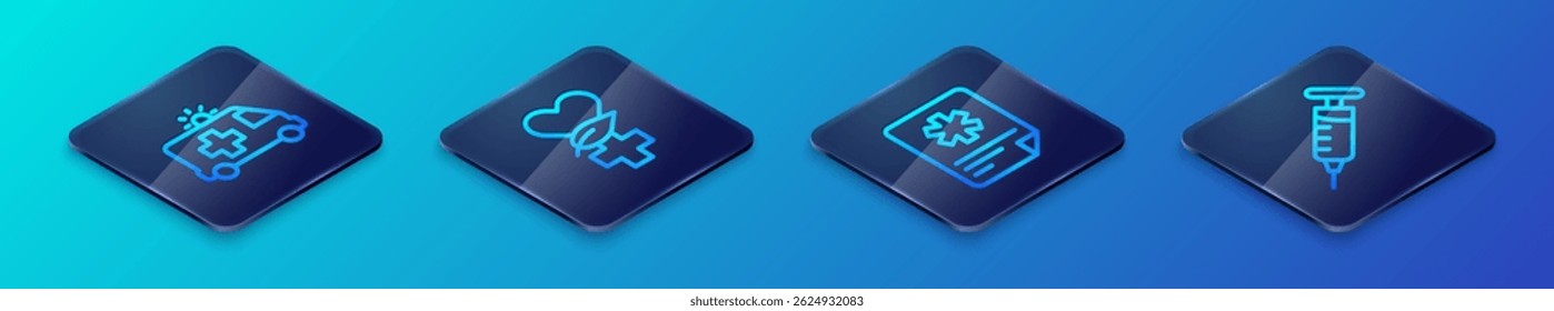 Set Isometric line Patient record, Ambulance car, Syringe and Ethnoscience icon. Vector