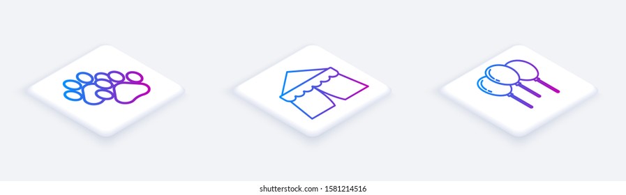 Set Isometric line Paw print, Circus tent and Balloons with ribbon. White square button. Vector