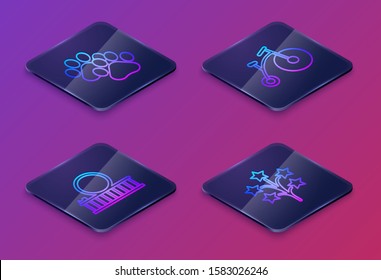 Set Isometric line Paw print, Roller coaster, Vintage bicycle with one big wheel and one small and Fireworks. Blue square button. Vector