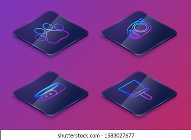 Set Isometric line Paw print, Collar with name tag, Retractable cord leash with carabiner and Dustpan. Blue square button. Vector
