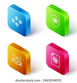 Set Isometric line Paw print, Animal health insurance, Veterinary clinic and Medical certificate for dog or cat icon. Vector