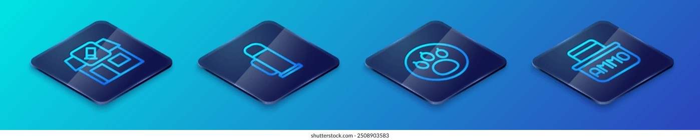 Set Isometric line Paw search, Hunting shop, Ammunition box and Thermos container icon. Vector